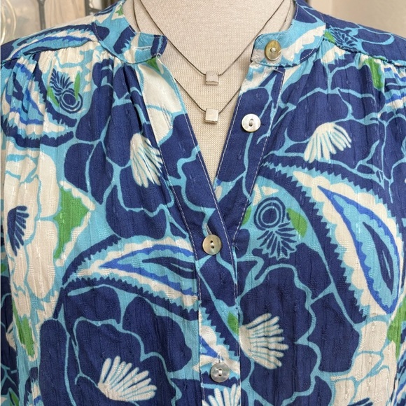 Nicole Miller Blue Green Floral Paisley Print Bishop Sleeve Button Front Top - Picture 2 of 10